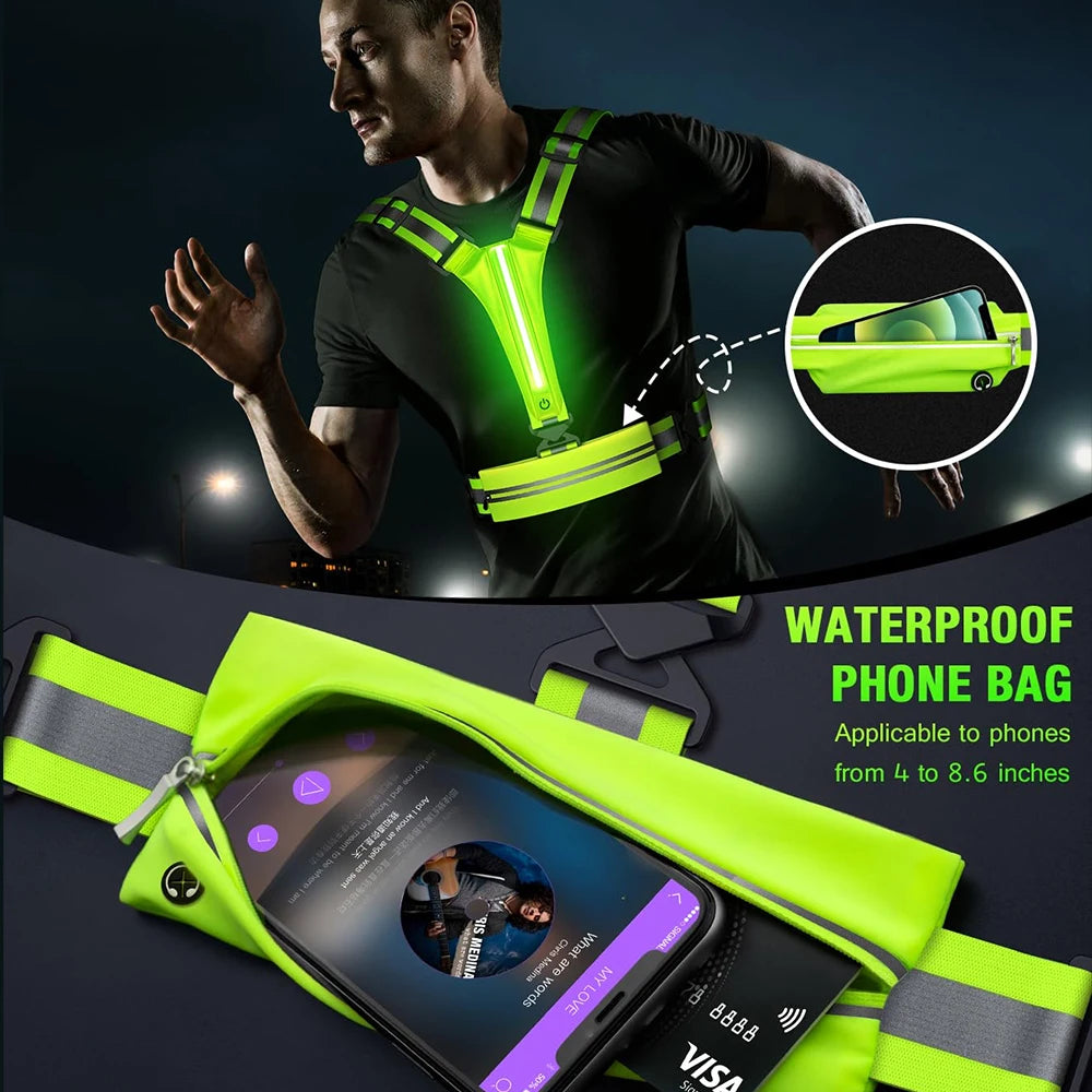 Vabena LED Reflective Running Vest - USB Rechargeable & Waterproof Phone Pouch