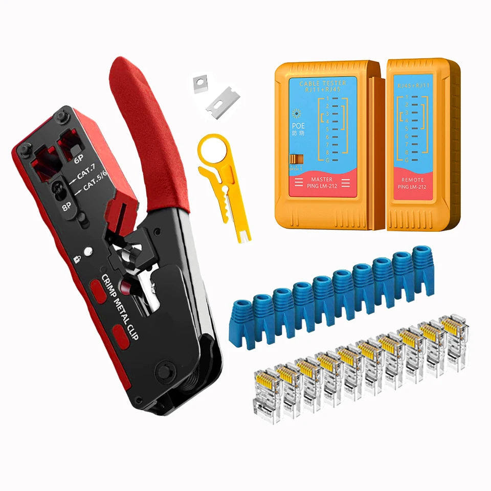 Vabena RJ45 RJ12 RJ11 Pass Through Crimp Tool & Stripper Kit | Cat5e-Cat7 Ethernet Crimper