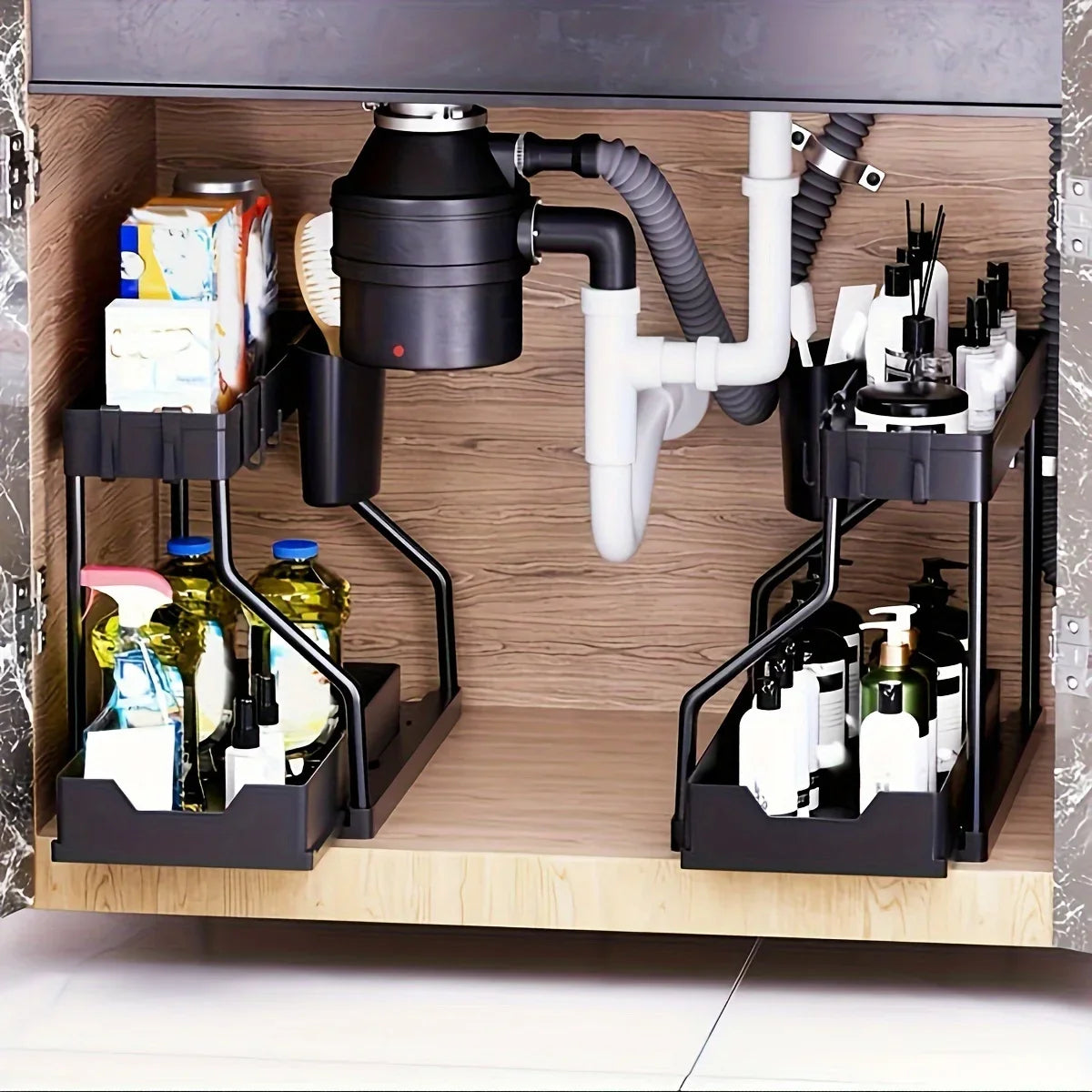 Vabena 2-Tier Under Sink Pull-Out Organizer - Space Saving Storage for Kitchen & Bath
