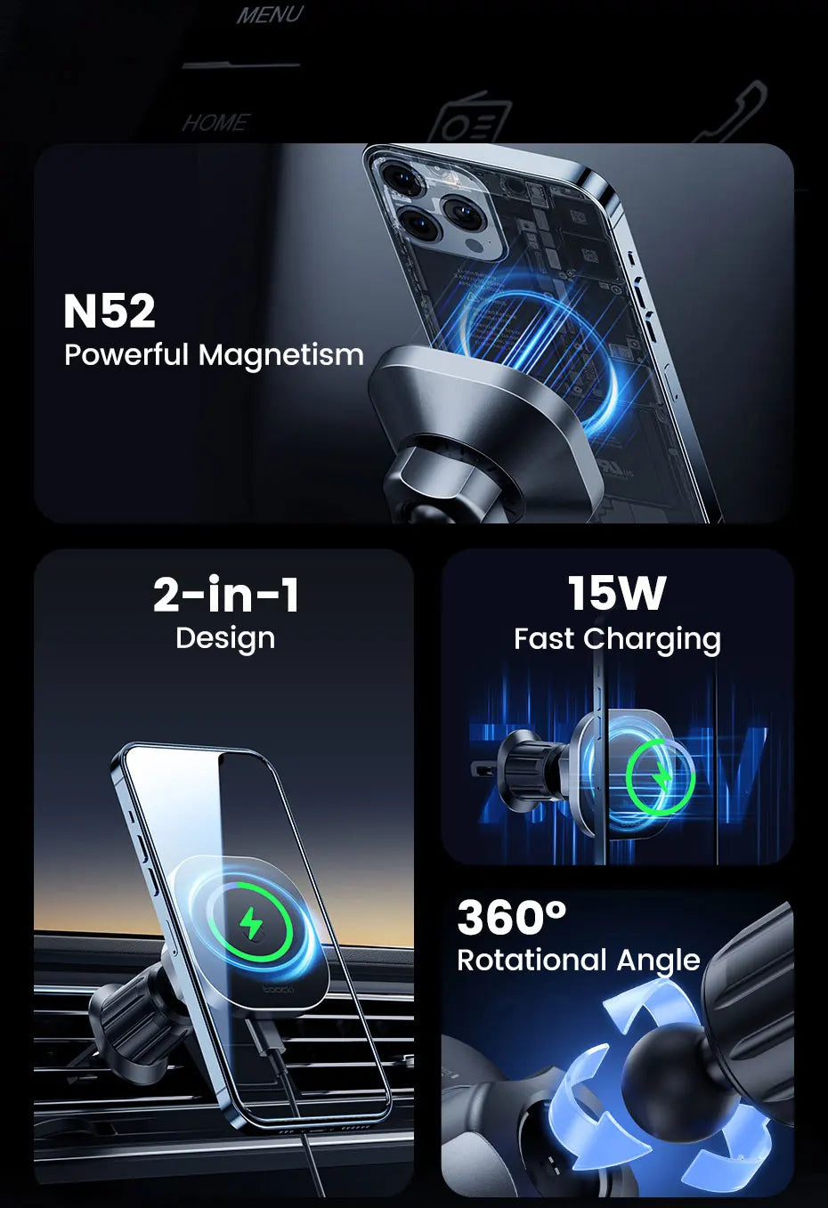 Toocki Magnetic Car Wireless Charger Phone Holder - Air Vent Mount