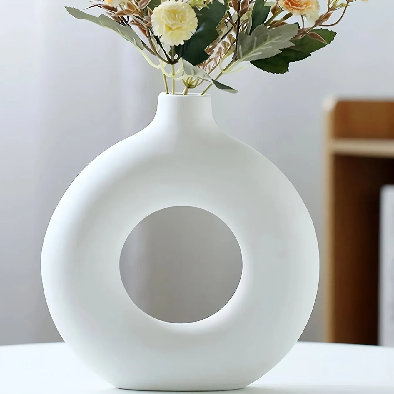 Elegant White/Beige Ceramic Donut Vase | Modern Home Decor