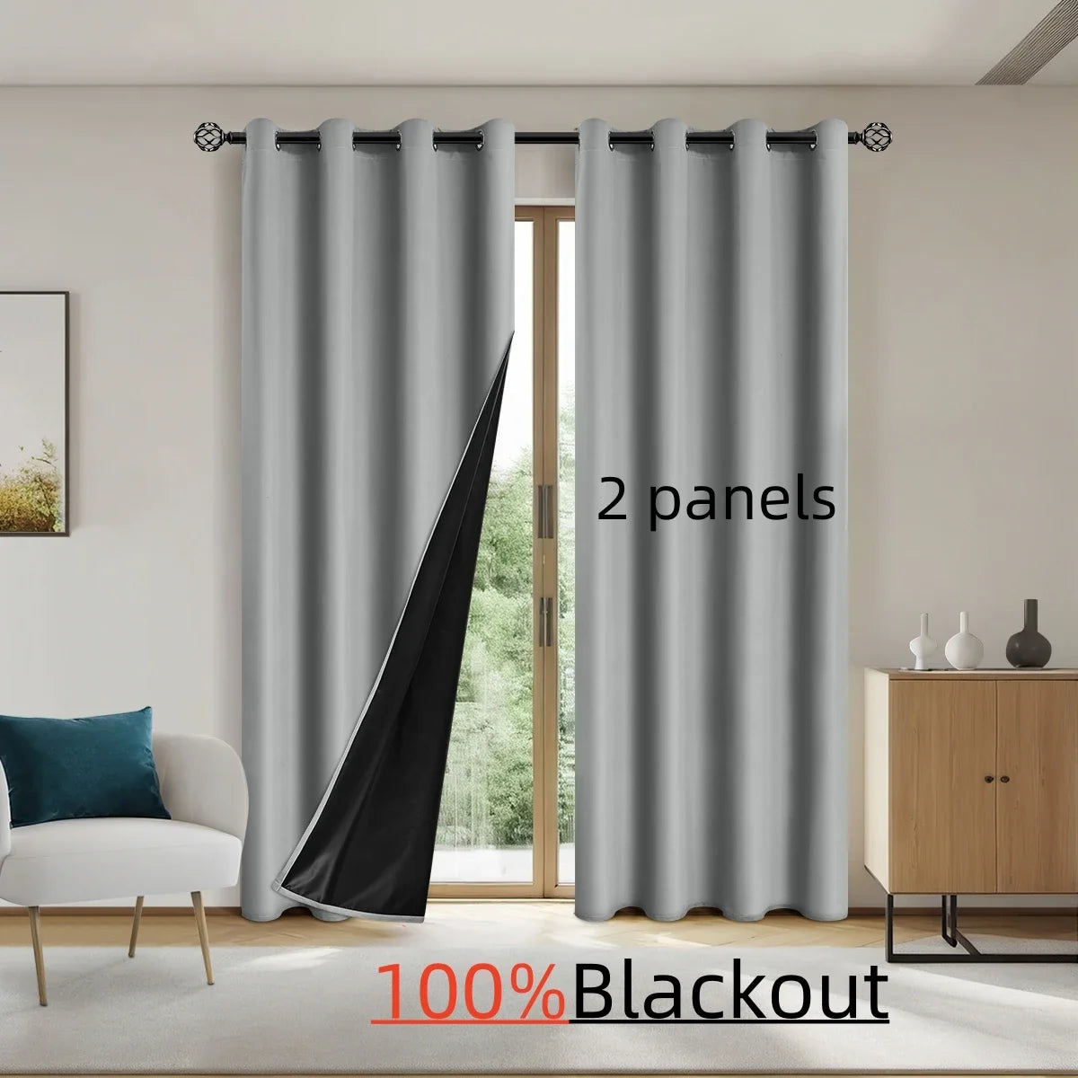 Modern 100% Blackout Curtains - 2 Pcs Set for Bedroom, Living Room & Kitchen