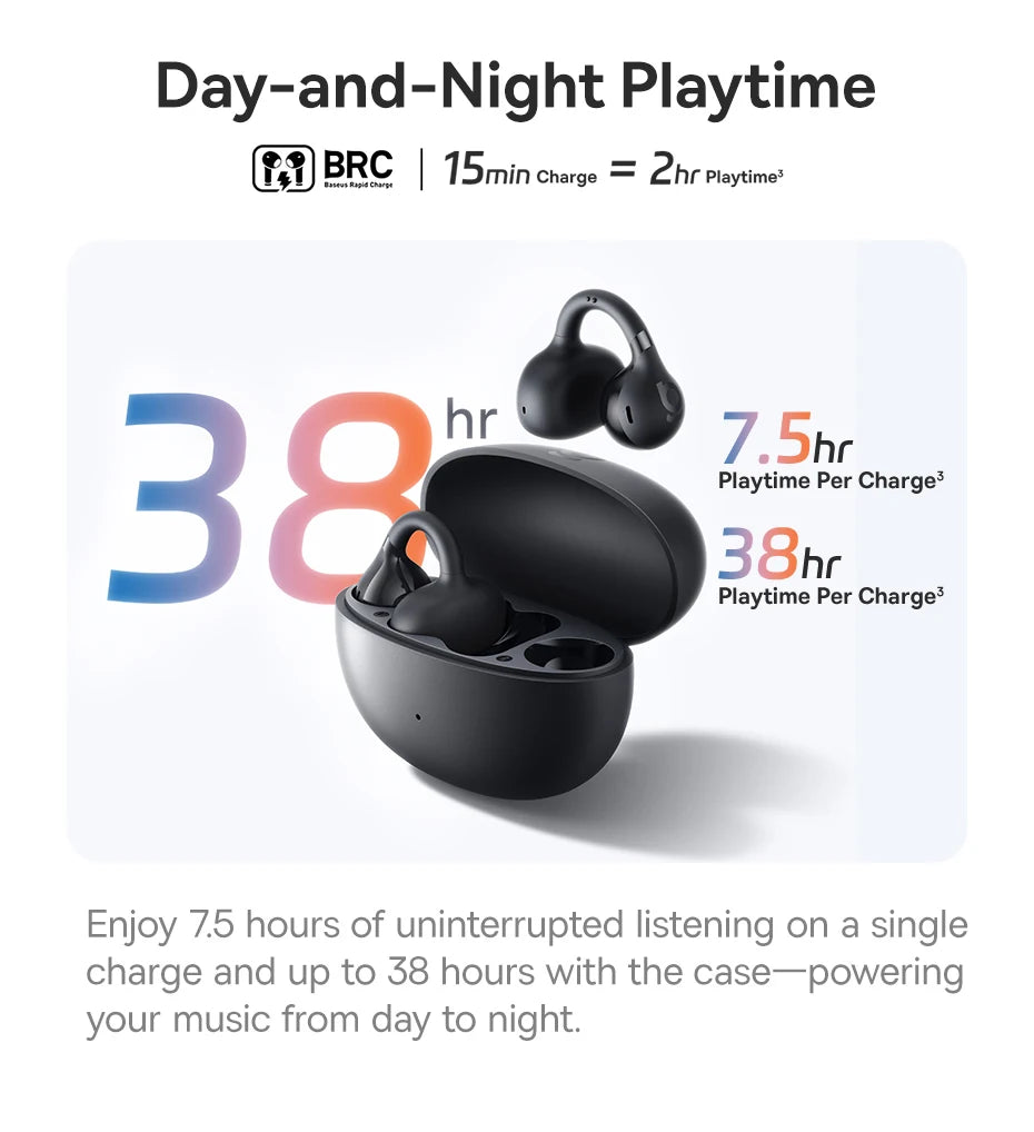 Baseus BC1 Open Ear Clip Earbuds - Wireless Bluetooth 6.0 Sports Headphones with 4-Mics & Super Bass IP55