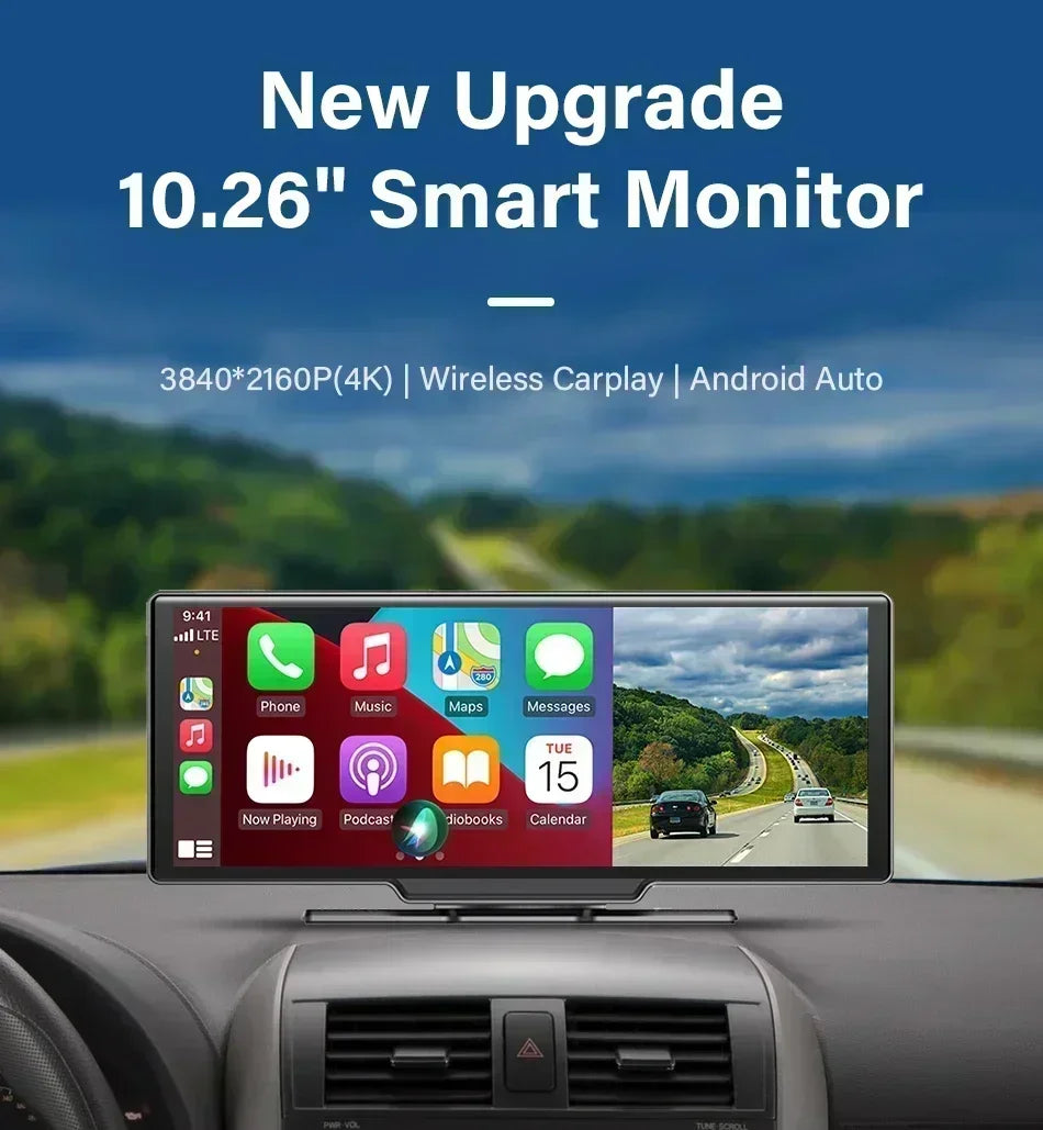 Srnubi 10.26" 4K Dash Cam with CarPlay, Android Auto & GPS