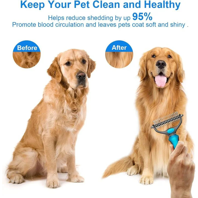 2in1 Pet Deshedding Brush & Knot Cutter - Stainless Steel Dog & Cat Grooming Tool