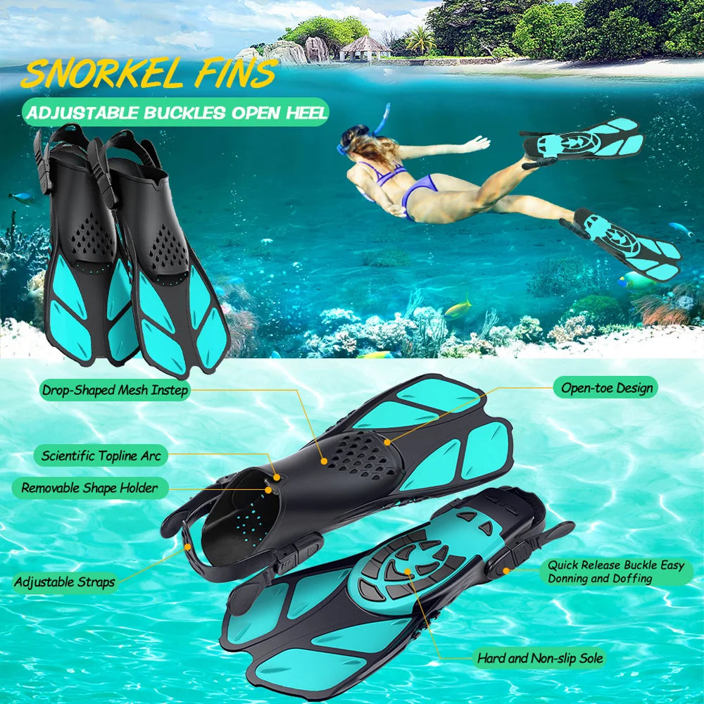 Snorkel Fins Adjustable Open Heel Travel Size Silicone Flippers