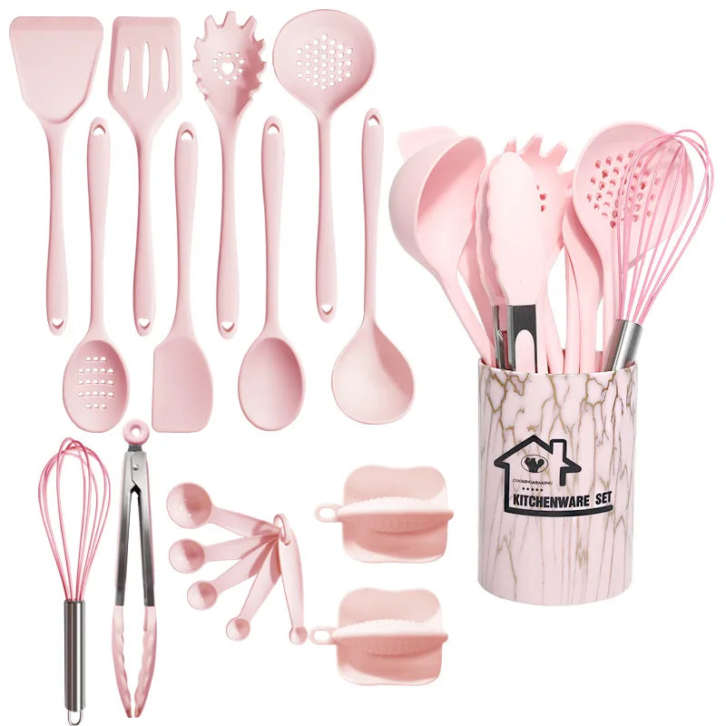 Vabena Pink 18Pcs Silicone Kitchen Utensil Set - Food Grade Cooking Tools