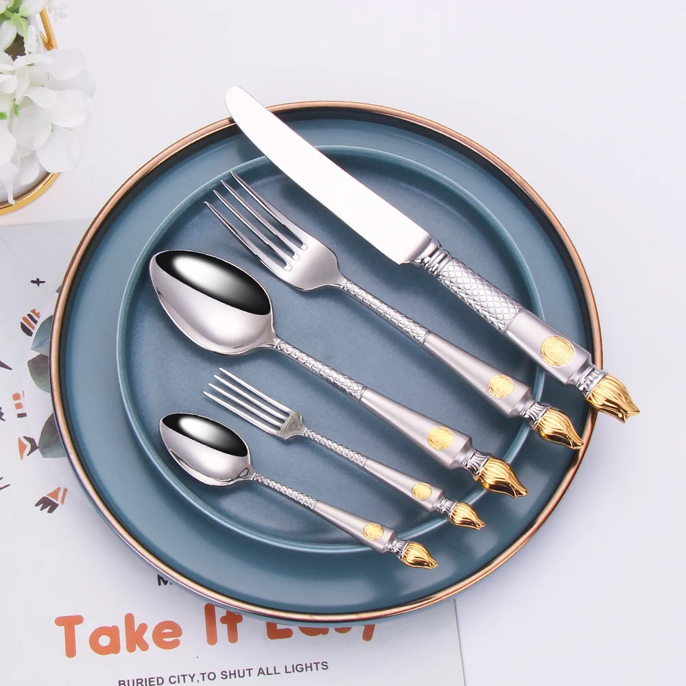 Vabena 4 Pcs Luxury Vintage Stainless Steel Flatware Set