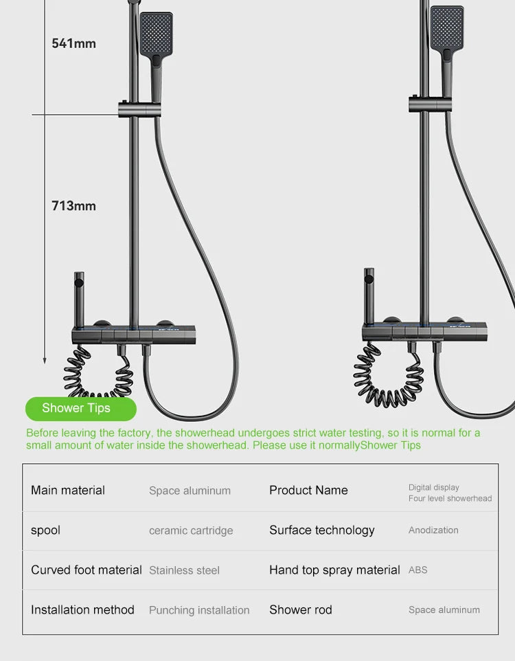 Vabena Grey Piano Button Digital Display Rain Shower System with Ambient Light