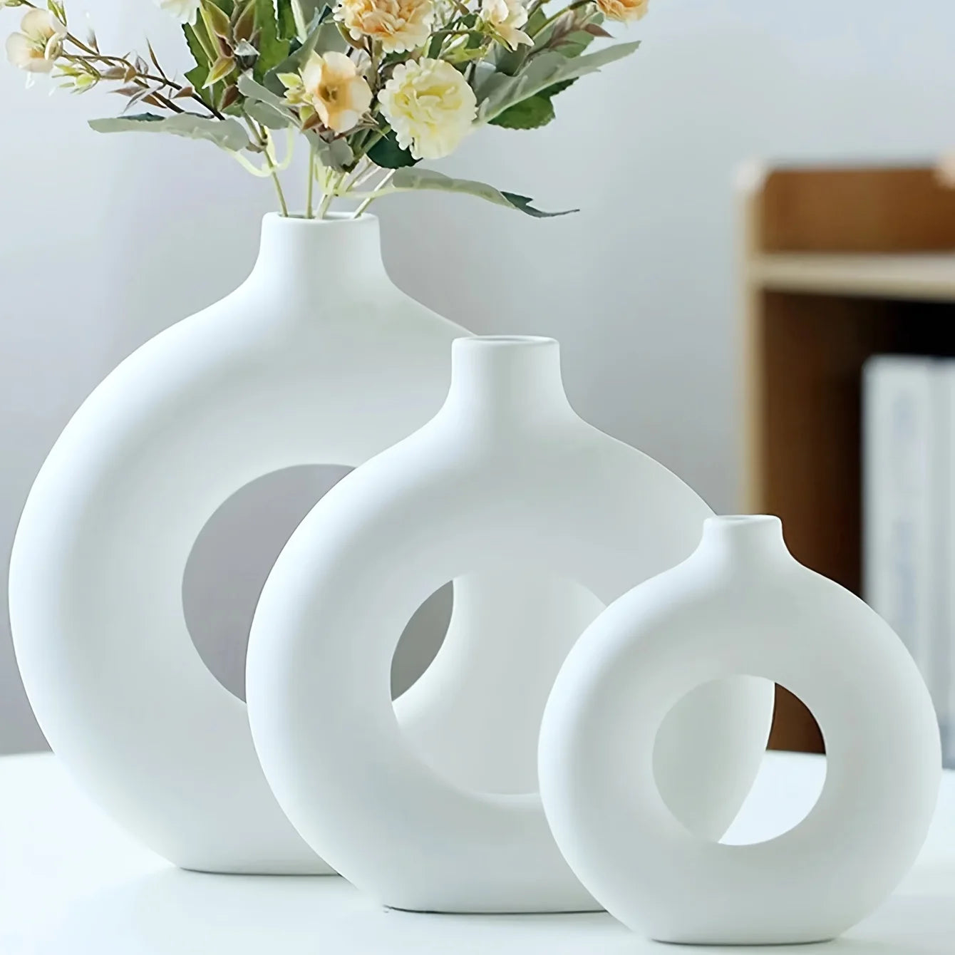 Modern Boho Ceramic Donut Vase - White & Beige Decor