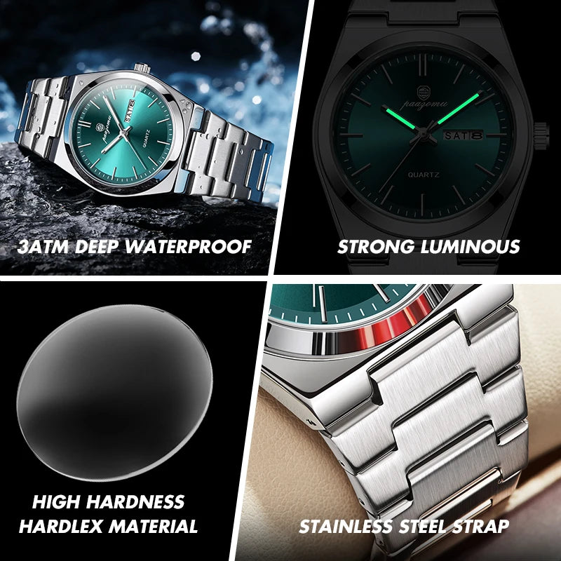 PAAZOMU Men's Chronograph Watch - Waterproof Stainless Steel Luminous Quartz