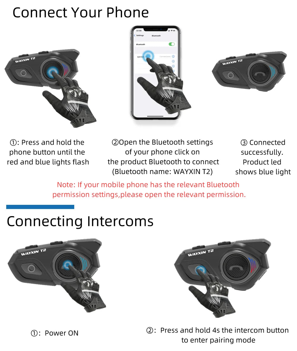 WAYXIN T2 Motorcycle Bluetooth Intercom - 2 Rider, 300M, BT 5.1, Waterproof Headset