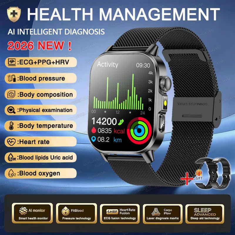 Vabena Men's ECG Smartwatch: Accurate Health Diagnosis with Blood Pressure, Oxygen, Fat, Uric Acid & Temp Monitoring