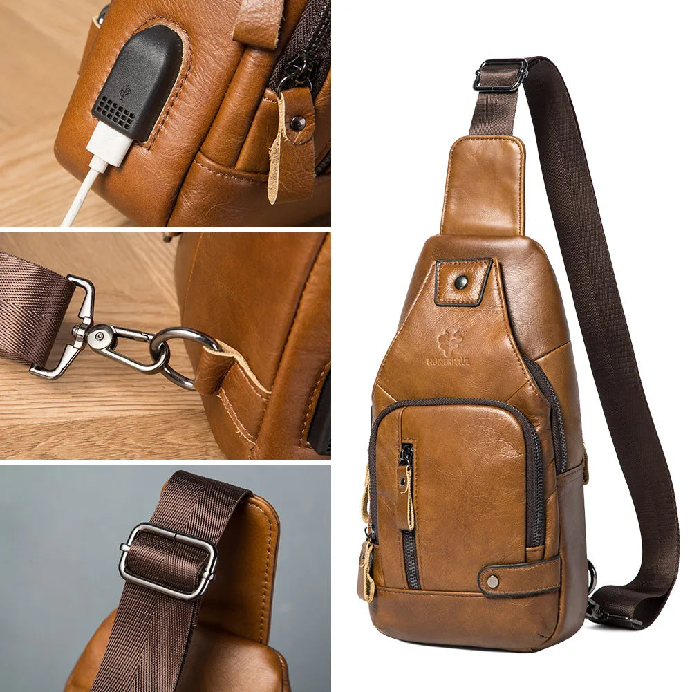 HUMERPAUL Men's Genuine Leather USB Crossbody Chest Bag - Travel & Fashion