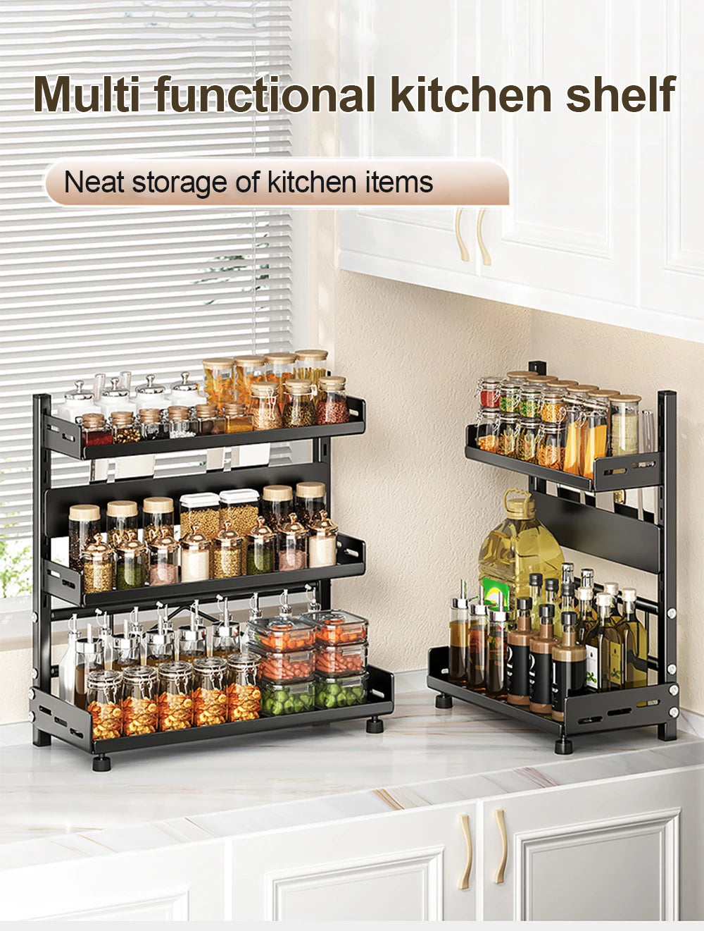 3 Tier Adjustable Spice Rack - Countertop & Cabinet Kitchen Organizer