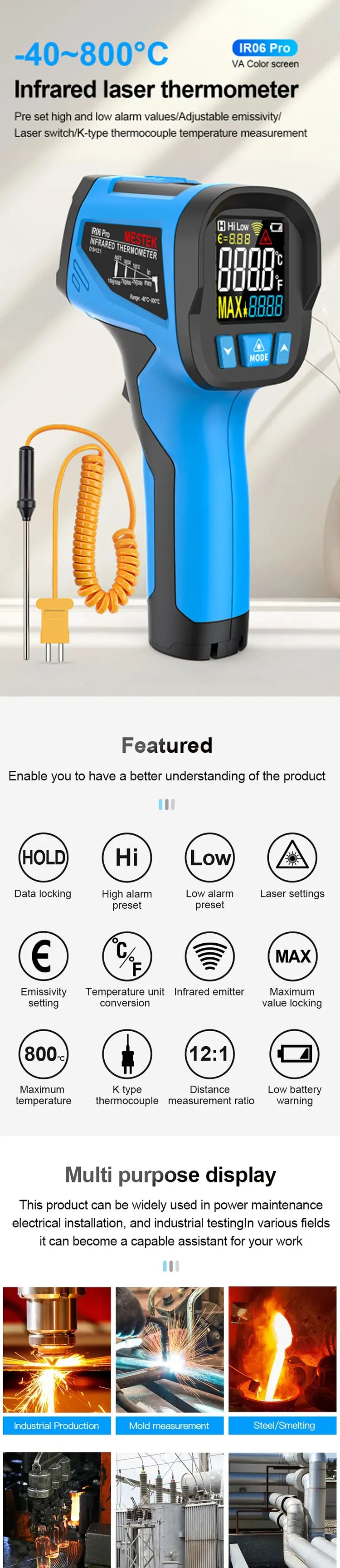 Mestek -50 to 800°C Digital IR Thermometer, Pyrometer & Hygrometer