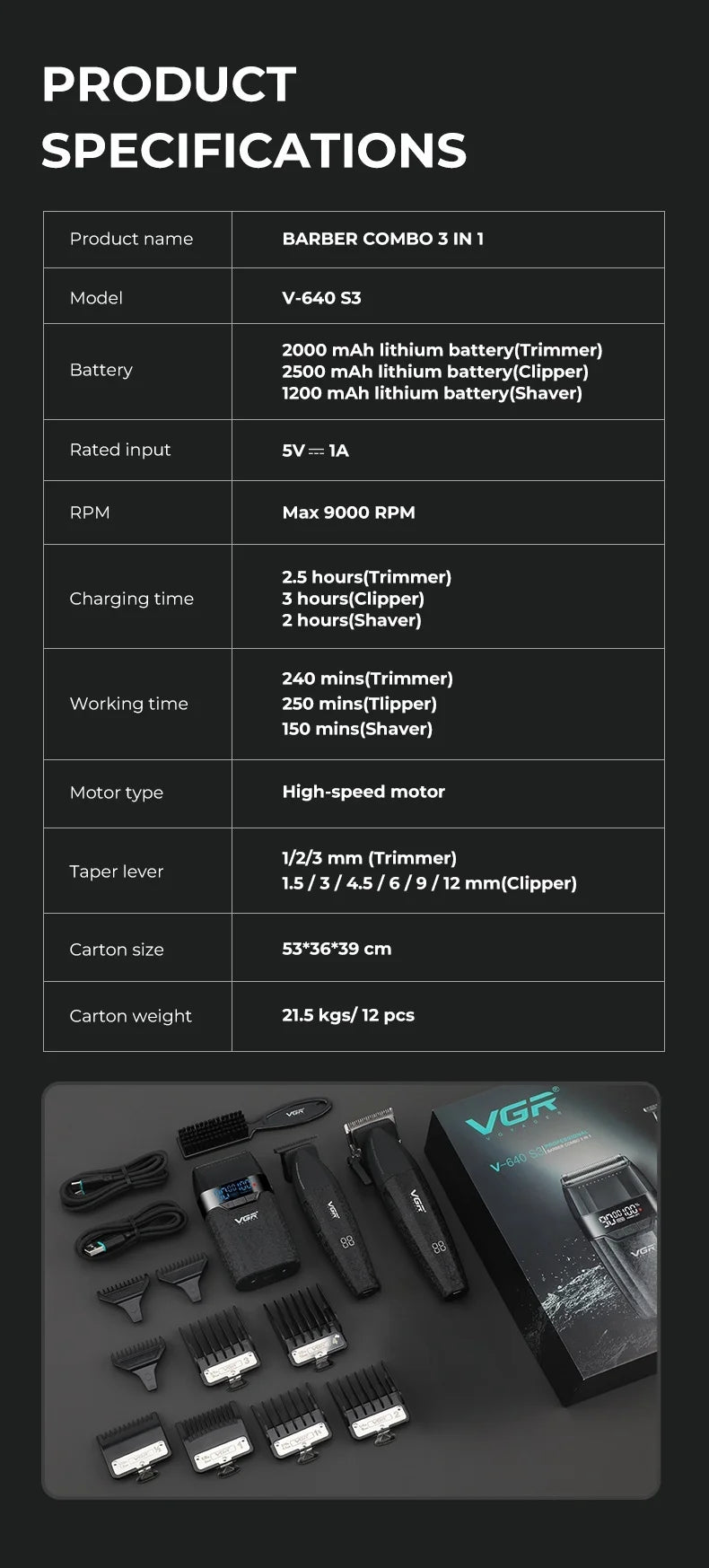 VGR Professional Cordless Hair Trimmer - Electric Clippers