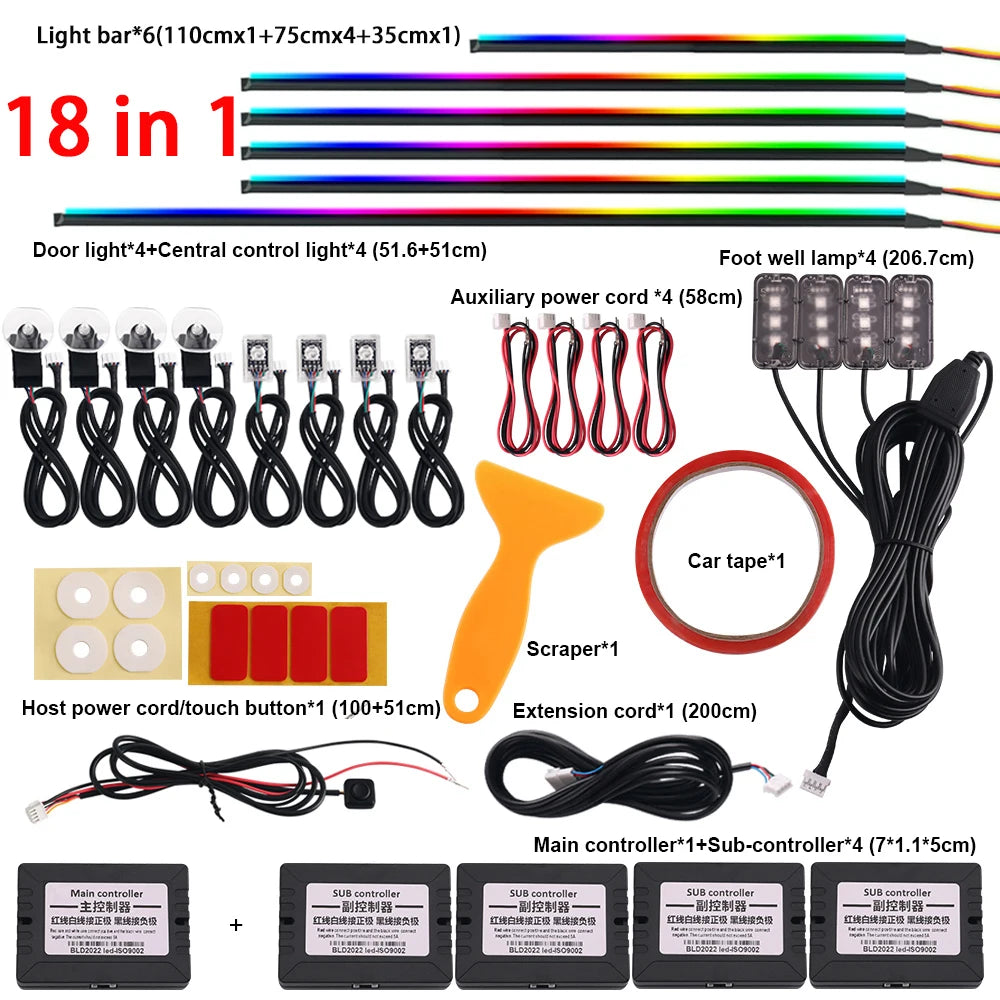 18-in-1 Car Interior RGB Ambient Light Kit - 64 Colors, App Controlled Symphony Lighting