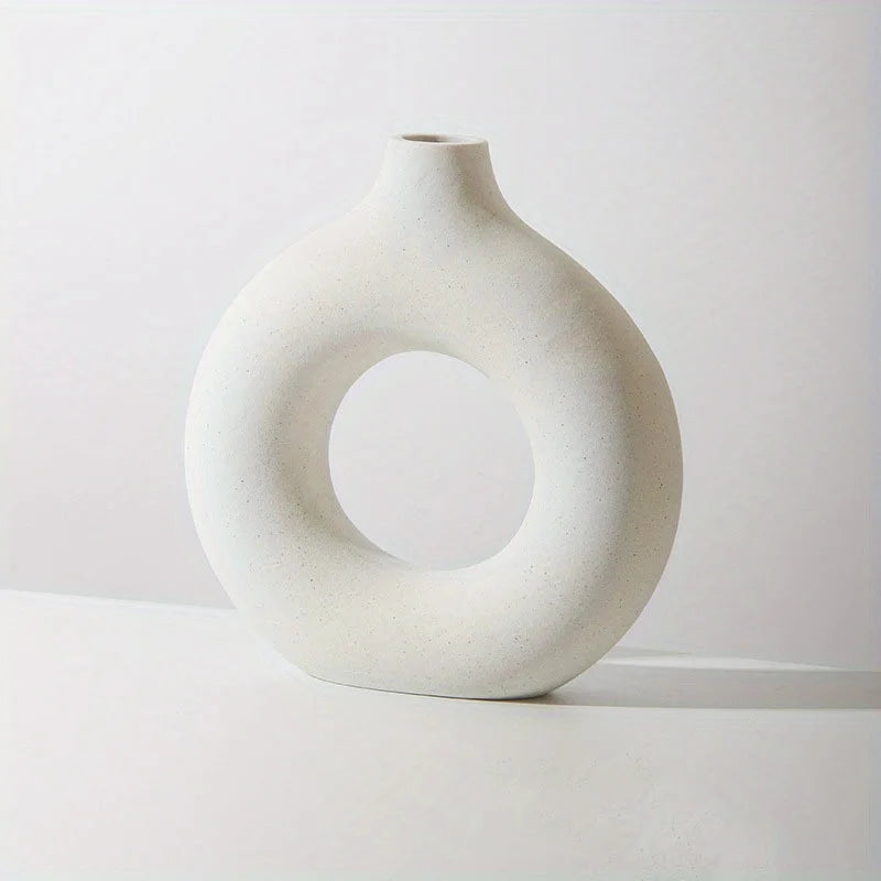 Elegant White/Beige Ceramic Donut Vase | Modern Home Decor