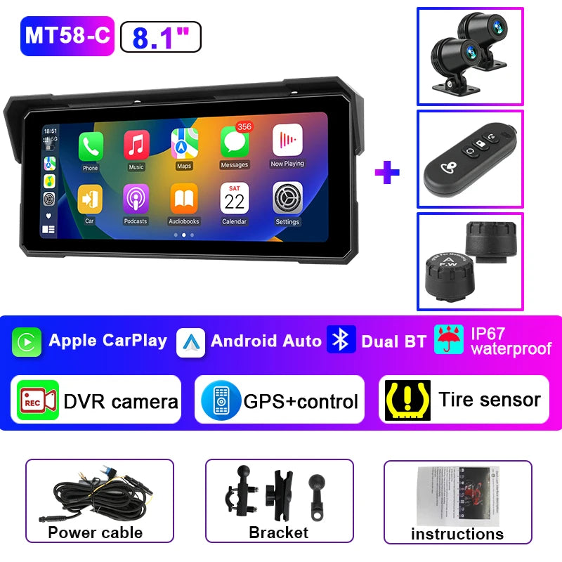Jansite 8.1" 4K Motorcycle DVR Monitor with CarPlay & GPS