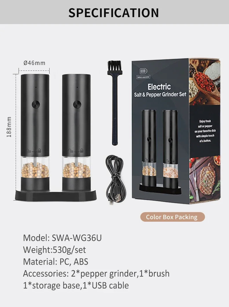 USB Rechargeable Electric Salt & Pepper Grinder - Adjustable Coarseness Mill