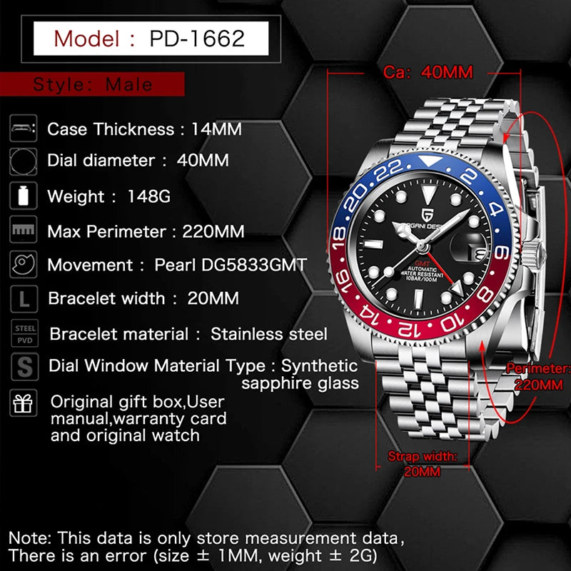 PAGANI DESIGN PD-1662 Luxury GMT Mechanical Watch - Sapphire, Steel, 100M Waterproof