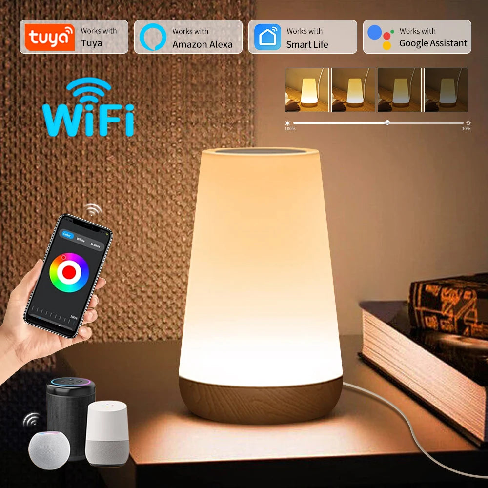 TUYA WiFi Smart LED Touch Bedside Lamp - Dimmable Night Light with USB, Alexa, Google Home