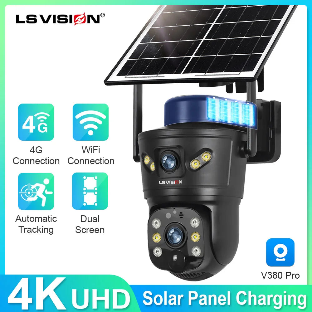 LS VISION 4G/WiFi Outdoor Solar Camera 8MP Dual Lens PIR SIM Night Vision Waterproof CCTV