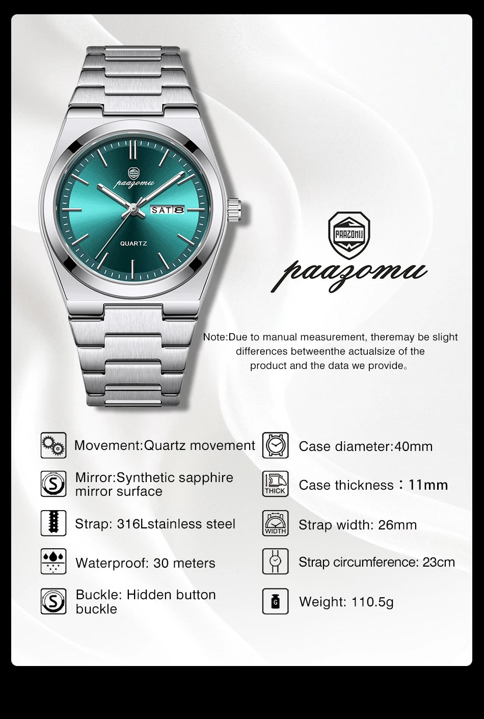 PAAZOMU Men's Chronograph Watch - Waterproof Stainless Steel Luminous Quartz