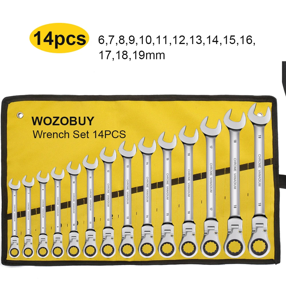Ratcheting Flex Head Spanner Set | 6-23mm Metric Wrench Kit
