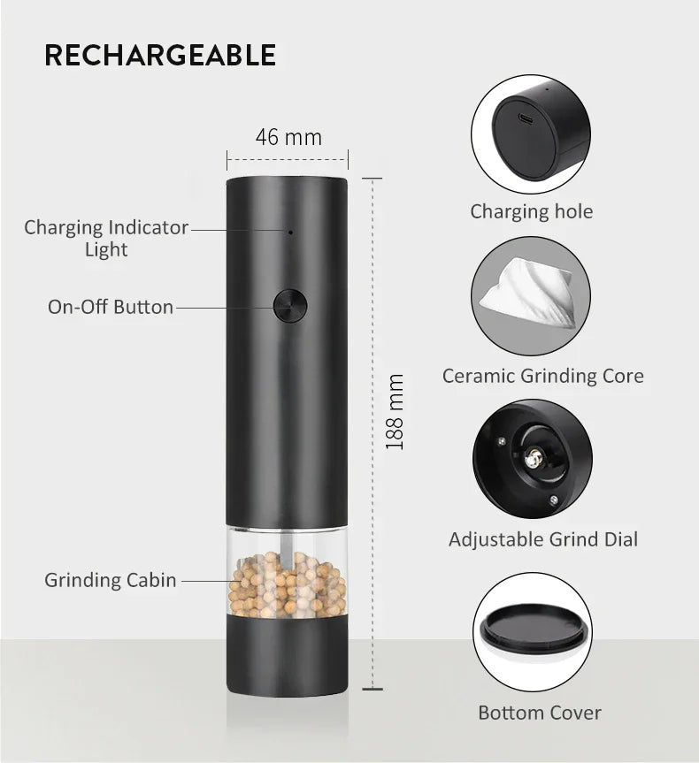 USB Rechargeable Electric Salt & Pepper Grinder - Adjustable Coarseness Mill