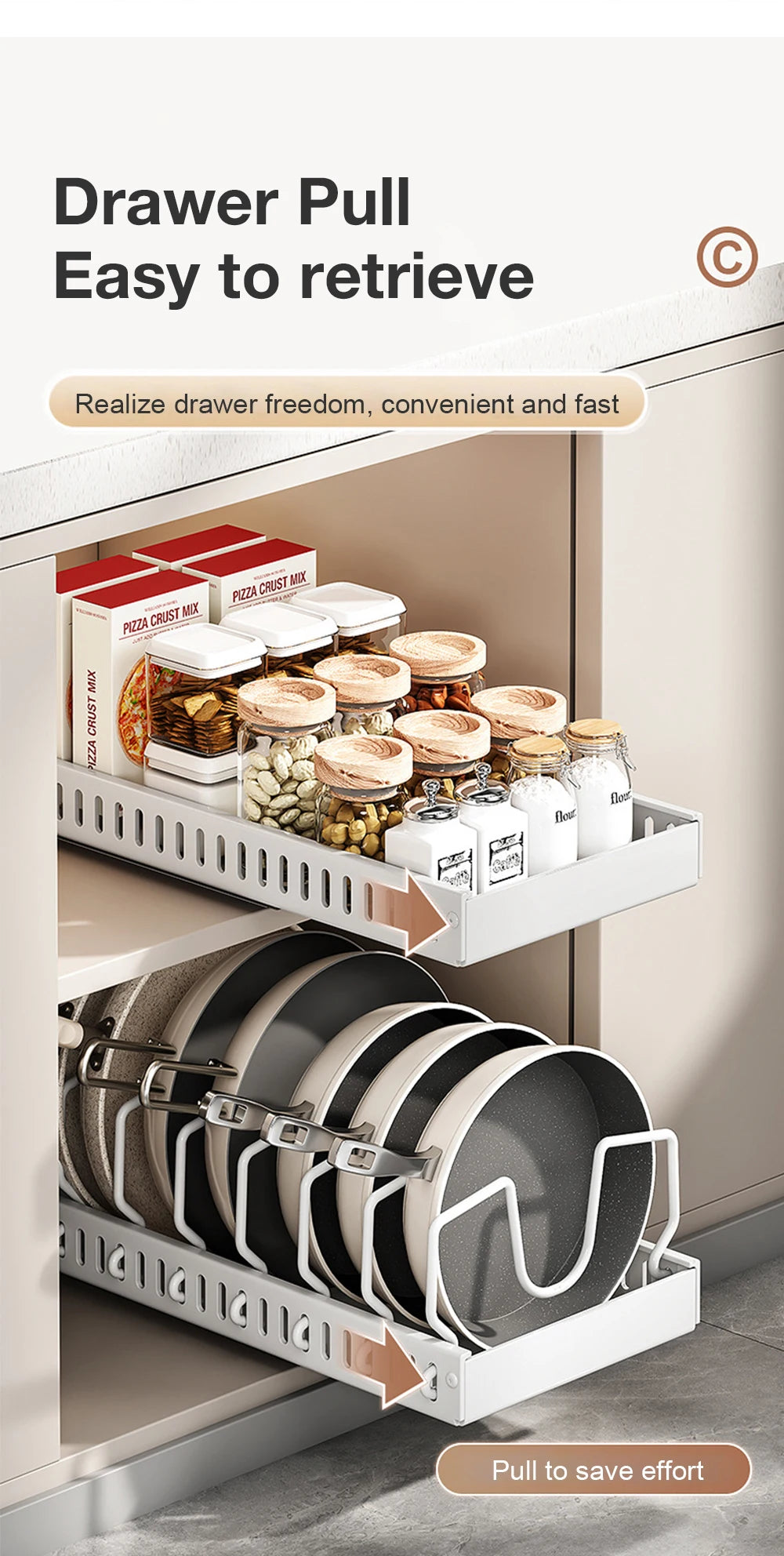 Kitchen Multifunctional Pull-Out Organizer for Pots, Pans, Lids, Spices & Dishes