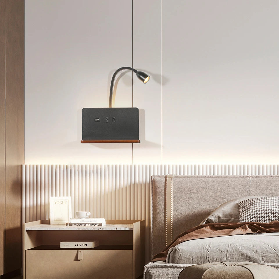 Modern 360° Rotatable LED Wall Lamp with USB & Wireless Charging for Bedside