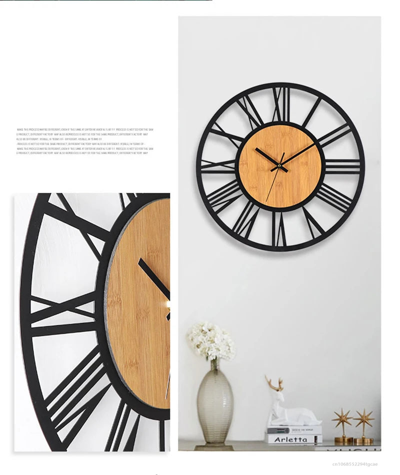 Nordic Retro 3D Large Wall Clock - Silent Roman Numerals Wood Metal Iron Decor