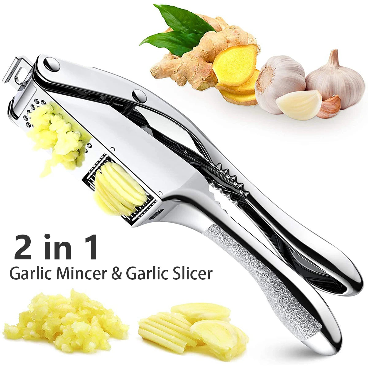 Stainless Steel 2-in-1 Garlic Press & Slicer Mincer | Dual Function Kitchen Tool