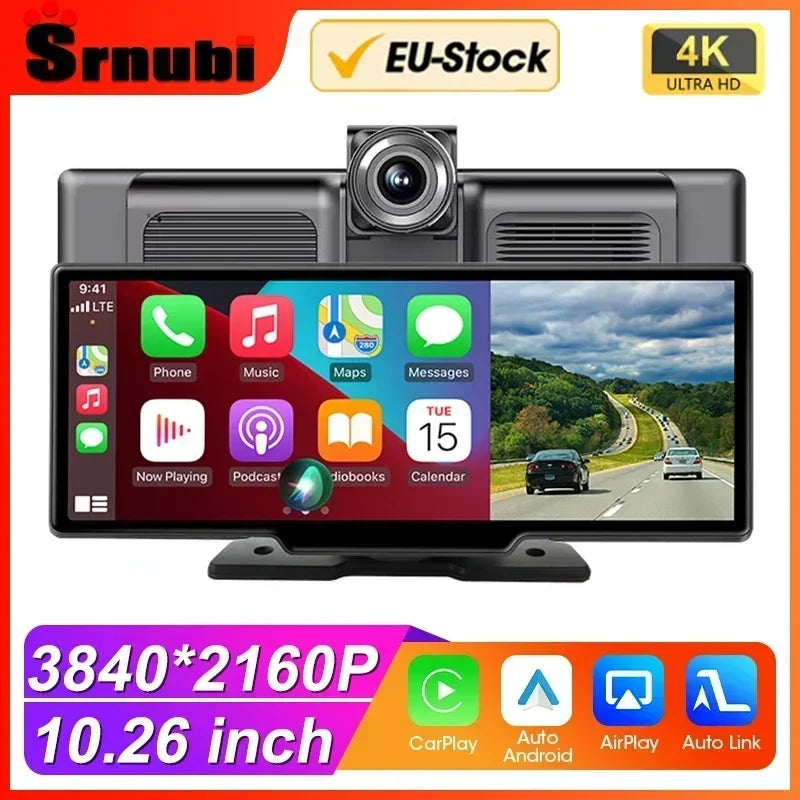 Srnubi 10.26" 4K Dash Cam with CarPlay, Android Auto & GPS