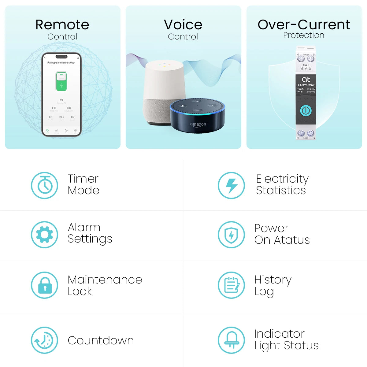 Tuya WiFi Smart Circuit Breaker 1P+N 63A - Remote Control, Energy Monitoring & Voice Assistant
