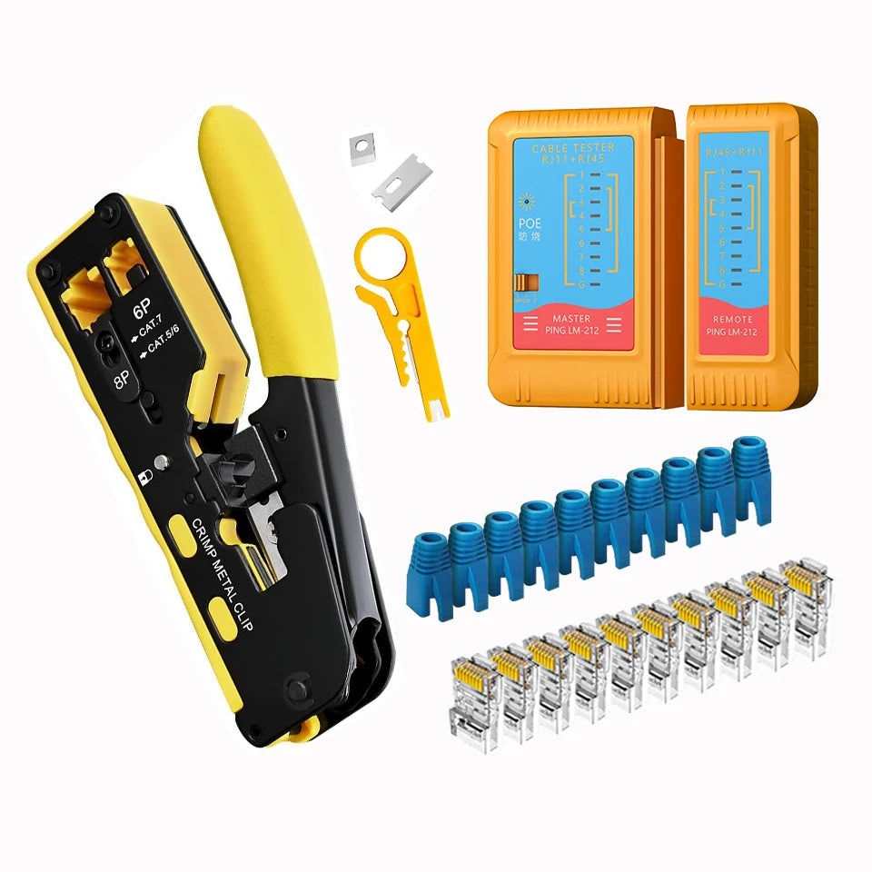 Vabena RJ45 RJ12 RJ11 Pass Through Crimp Tool & Stripper Kit | Cat5e-Cat7 Ethernet Crimper
