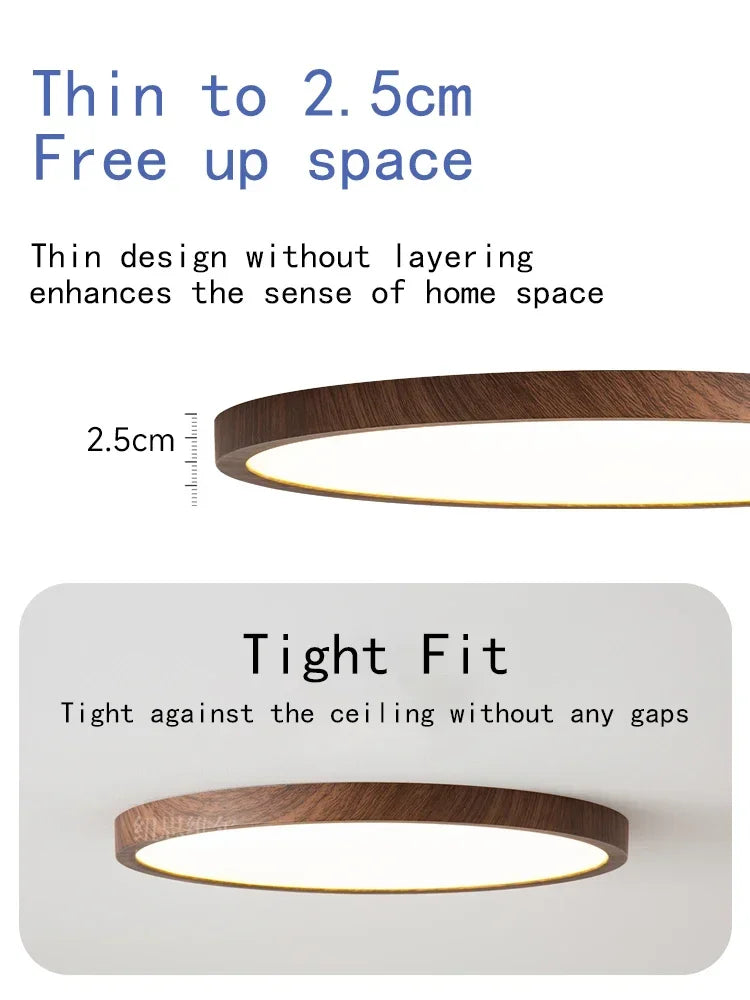 Modern Circular LED Ceiling Light - Ultrathin Wood Grain Walnut Decorative