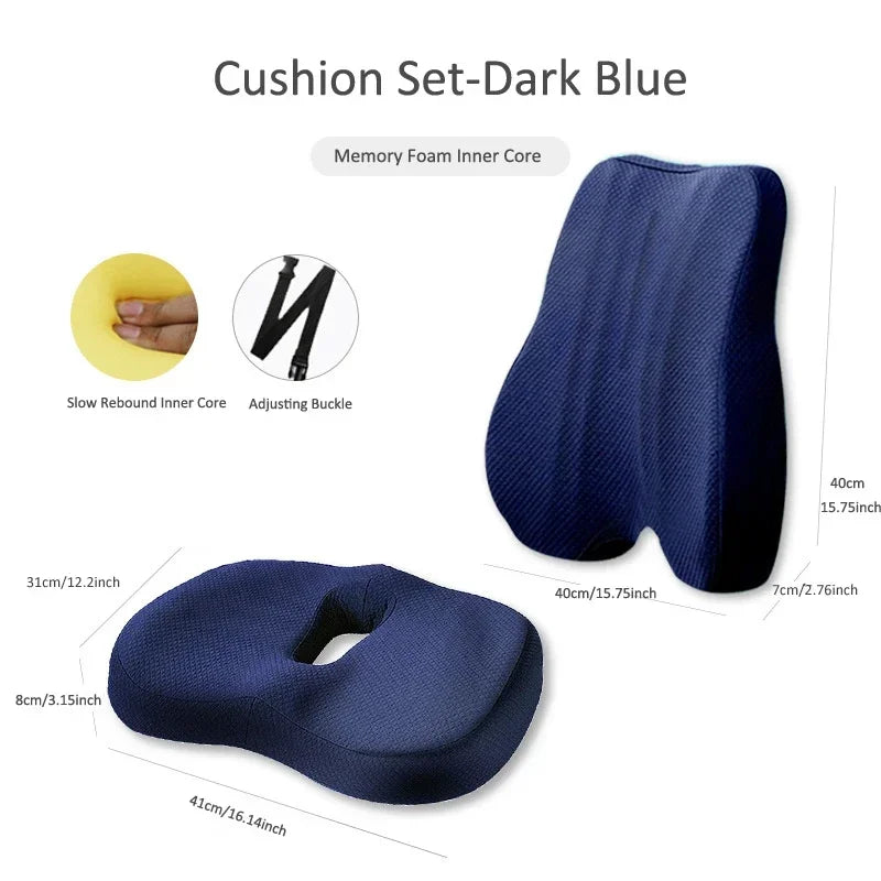 Vabena Memory Foam Seat Cushion & Lumbar Support Set for Office & Car - Ergonomic Back & Coccyx Relief