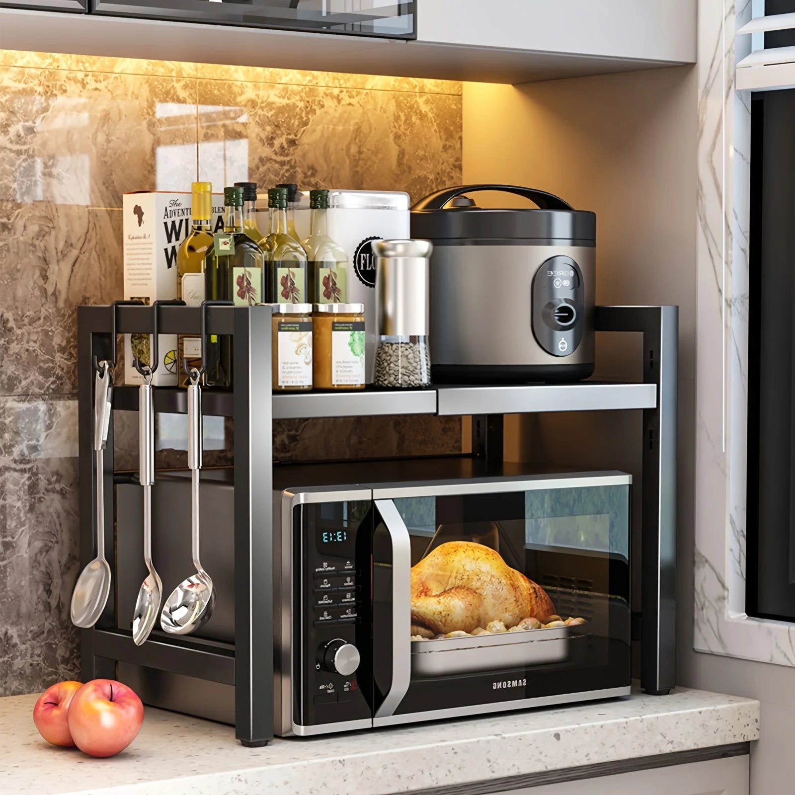 Expandable Microwave Shelf with 6 Hooks - Kitchen Storage Rack