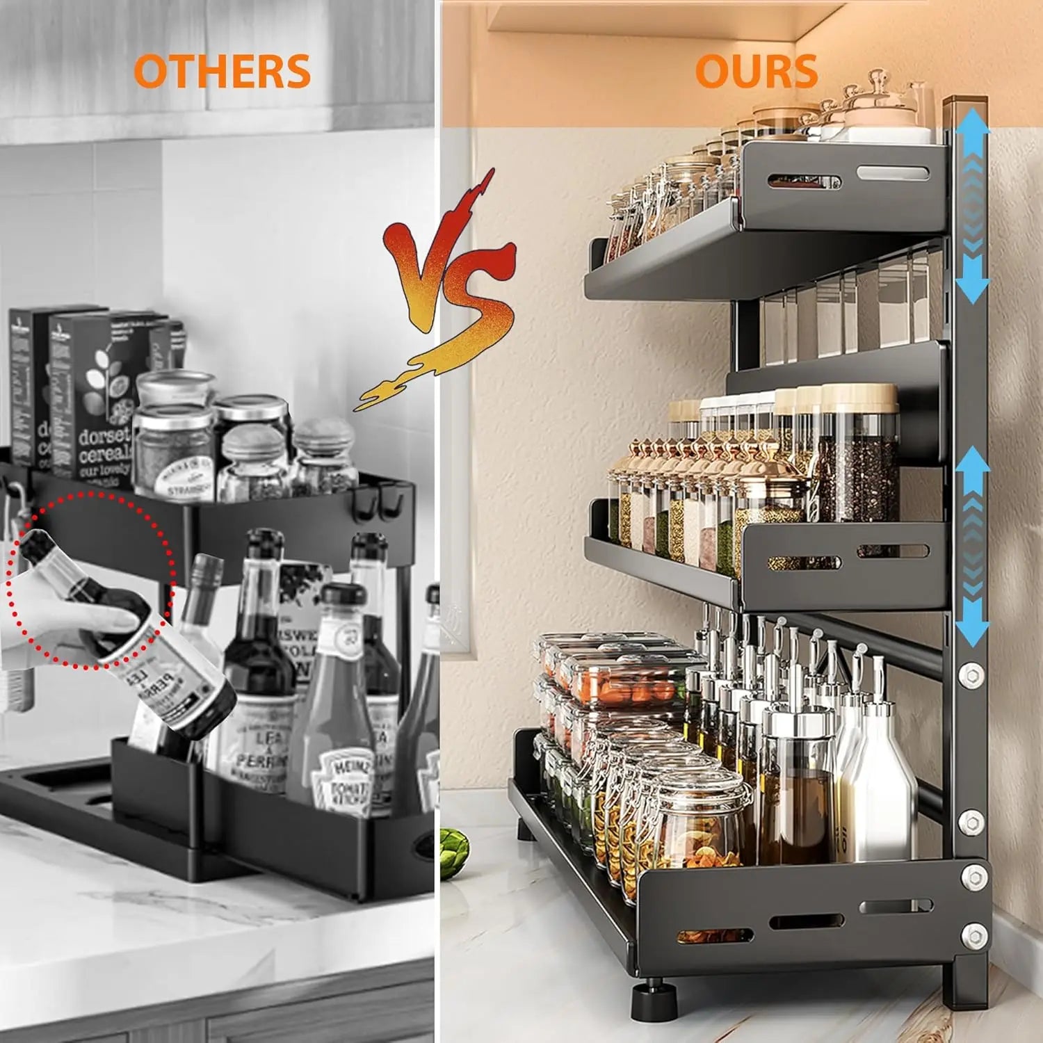 3 Tier Adjustable Spice Rack - Countertop & Cabinet Kitchen Organizer
