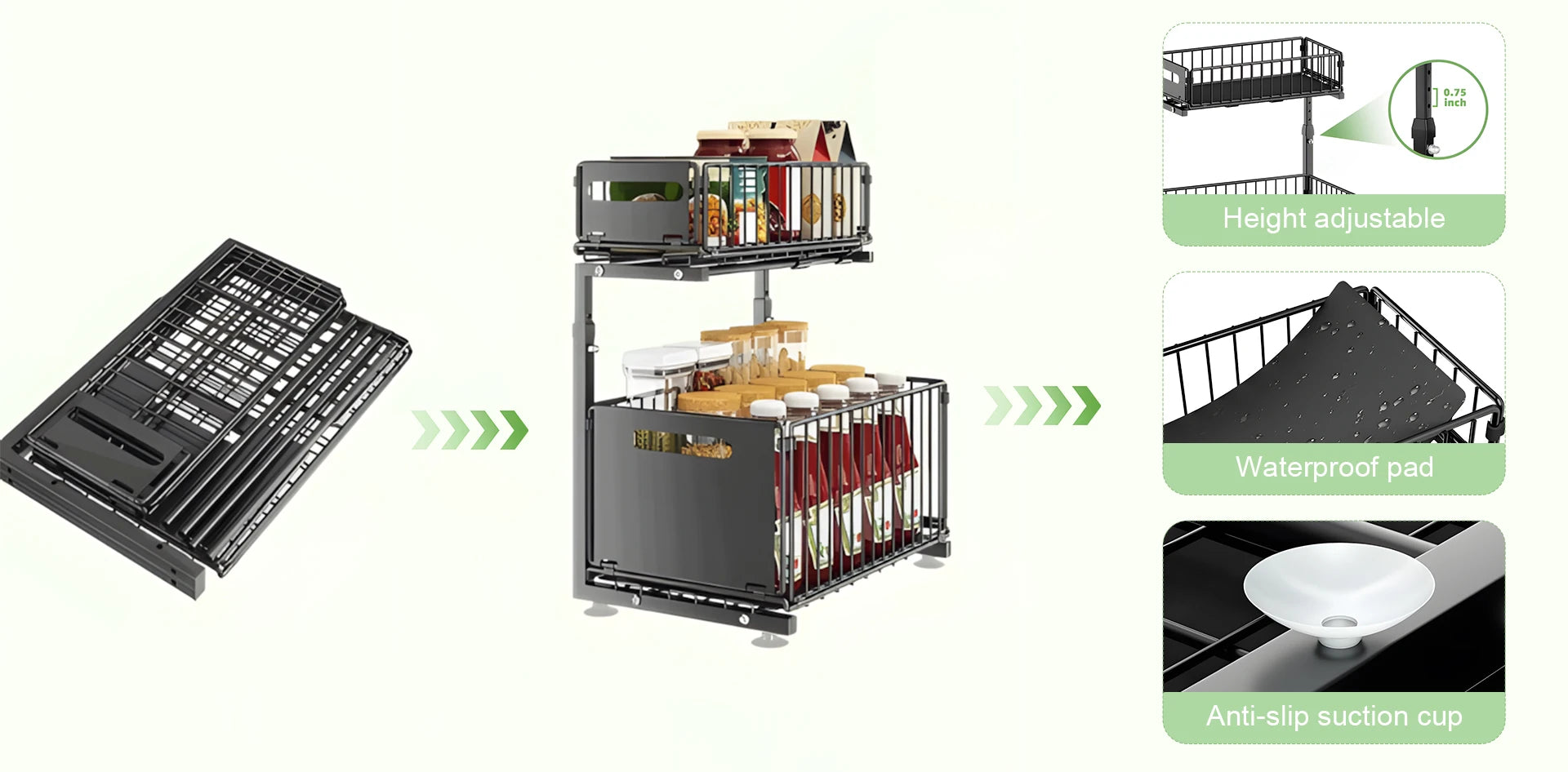 2-Tier Pull-Out Cabinet Organizer - Adjustable Under Sink Storage & Spice Rack