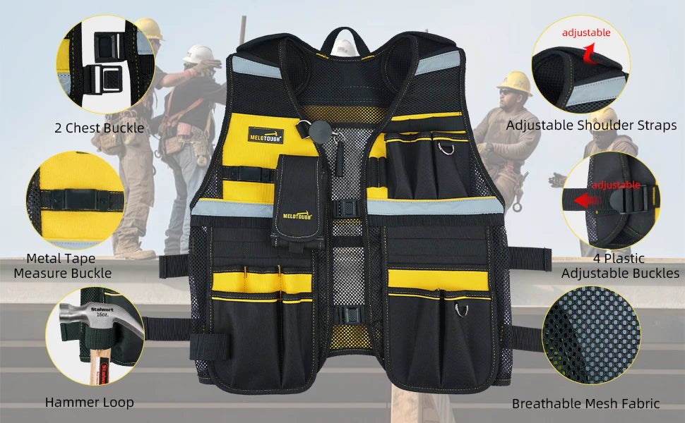 MELOTOUGH Reflective Safety Tool Vest with Removable Phone Holder - High Visibility Workwear
