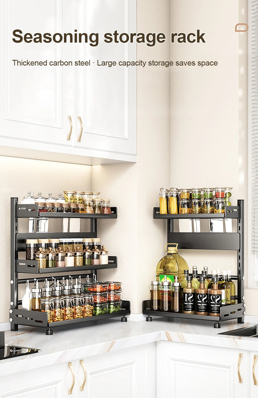 3 Tier Adjustable Spice Rack - Countertop & Cabinet Kitchen Organizer