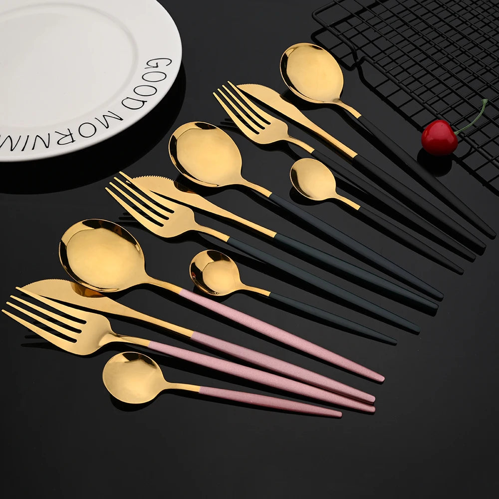 Vabena 30-Piece Black Gold Stainless Steel Dinnerware Set