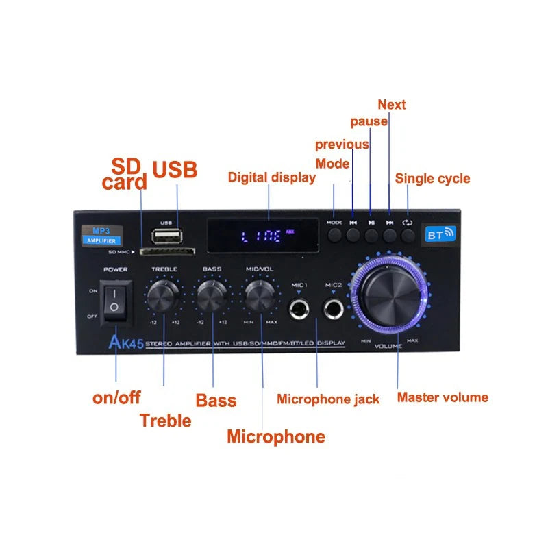 Vabena AK45 HiFi Digital Bluetooth Amplifier | 2.0 Channel Stereo Audio AMP 350W*2 for Home & Car