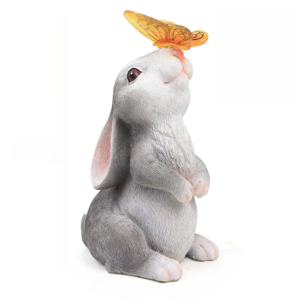 Solar Bunny Garden Statue with LED Butterfly Light - Outdoor Resin Decor