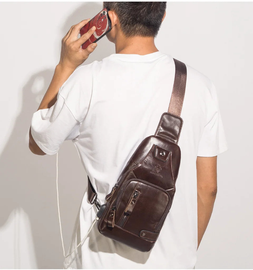 HUMERPAUL Men's Genuine Leather USB Crossbody Chest Bag - Travel & Fashion