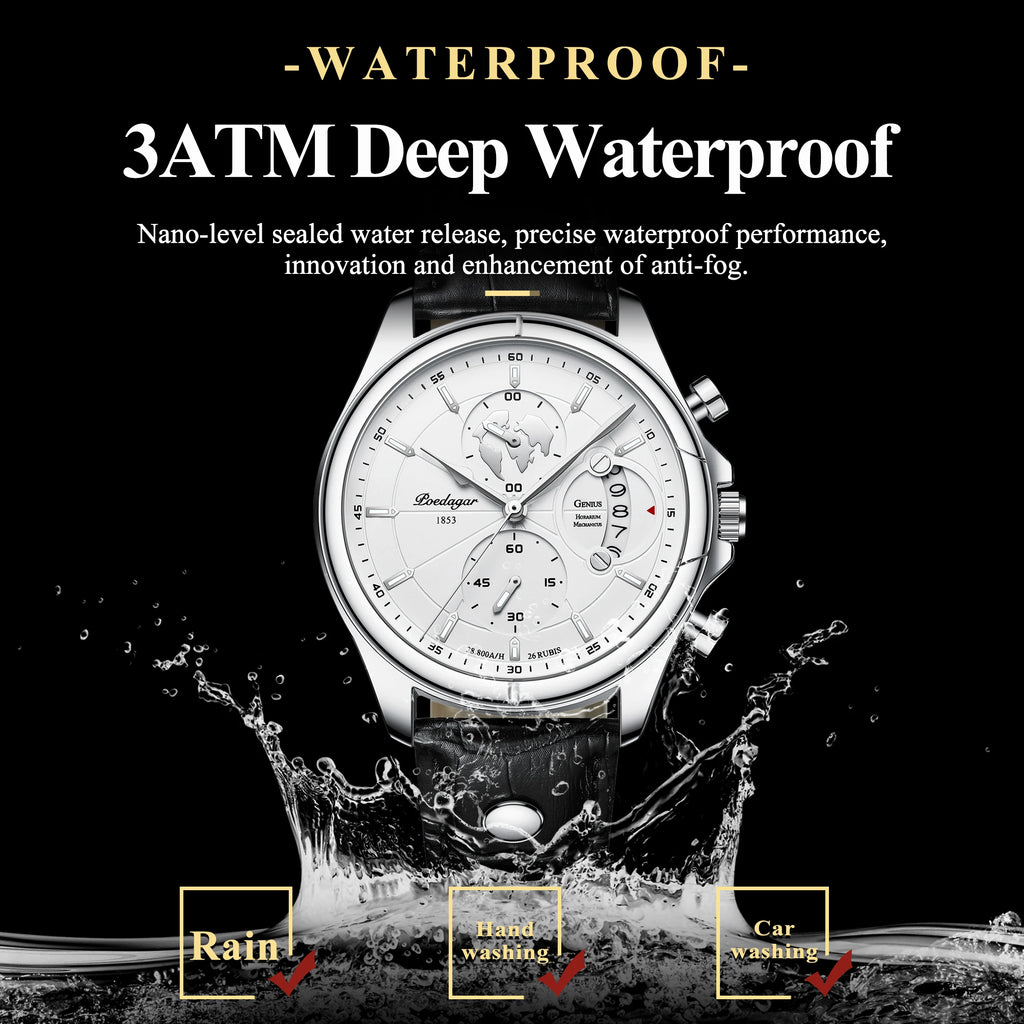 POEDAGAR Luxury Chronograph Watch for Men - Waterproof, Leather Strap, Date